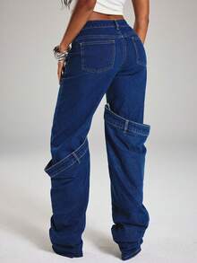 NYA SZN Denim Jean Oversized Baggy Double Leg Detail Statement Gyaru Streetwear Going Out Birthday Party Fall - Dark Wash - View 5