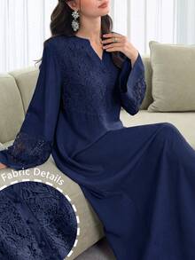 Al Najma Spring/Summer Fashion V-Neck Flared Sleeve Patchwork 3D Embroidered Lace Trim Full Skirt Dress - Navy Blue - View 1