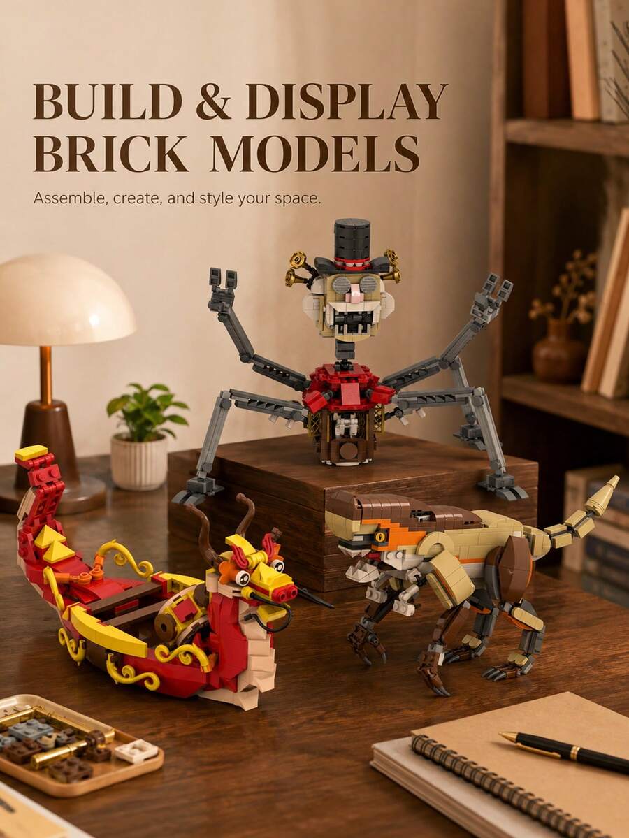 POKOJA LAND 3 Styles Optional Building Block Set Mechanical Spider Monster Dragon Boat Beast Model Bricks Kit Desktop Display Decor DIY Assembly Craft Toy Holiday Present