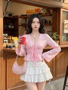 SHEIN MOD 粉色女式系带喇叭袖衬衫，镂空服装，女式，魔鬼服装，复古，海盗上衣，嬉皮士，外出上衣 - 淺粉色 - 查看 4