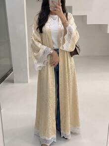 Yasmyna Abaya árabe para mujer color albaricoque tejida con estampado de leopardo, manga larga, ribete de encaje, conservadora, elegante y romántica - Albaricoque - Ver 4