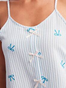 Elorette Cute Bow Decor Pink Striped Bow Print Camisole & Shorts Pajama Set - Baby Blue - View 5