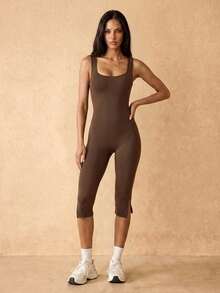 Silquee Women's Solid Color Tank Top Style Capri Length Sports Jumpsuit Gym Dark Brown Summer Athleisure Yoga Outfit Going Out Party Minimalist Activewear - Coffee Brown - View 3