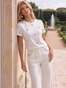 Anewsta New Modern Fashion Round Neck Simple Elegant Rhinestone Embellished Design Women's T-Shirt - White - View 4