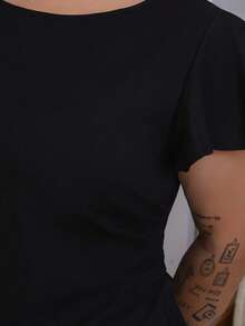 Bibi Tomais 大码夏季休闲简约短款荷叶袖女式连衣裙 - 黑色 - 查看 5