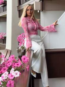 Jeta Ari Women's Floral Print Bell Sleeve Top Pink Fall - Pink - View 6
