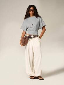 AiiRZ Oversized Crop T-Shirt With Cropped Hem And Short Sleeves Casual Boxy Fit Crew Neck Top For Spring Summer - Grey - View 3