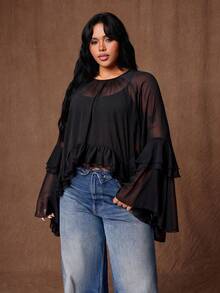 Rustia Plus Size Women's See-Through Chiffon Blouse, Ruffled Bell Sleeve Sheer Top, Y2K Gothic Style Party Casual Shirt Fall - Black - View 5
