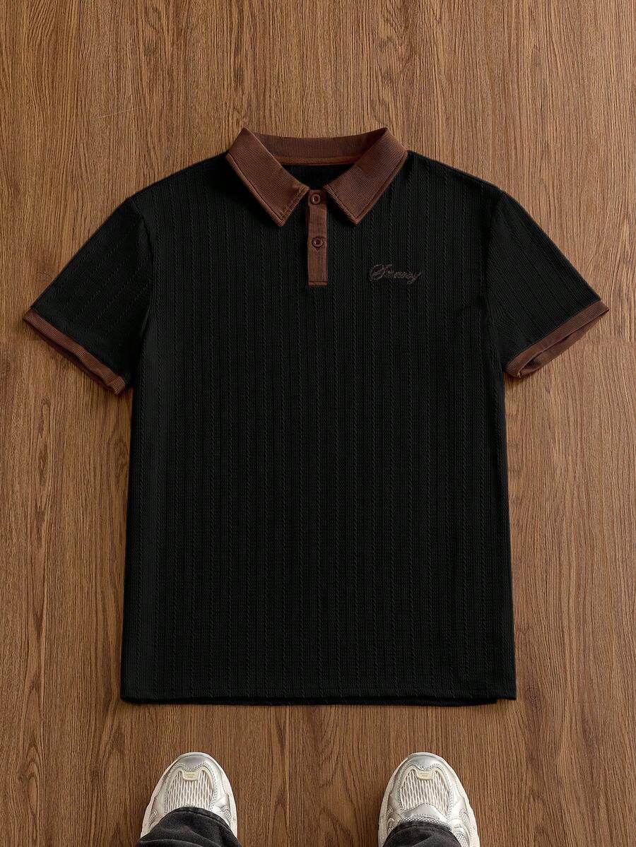 SWAVVY Kemeja Polo Lengan Pendek Pria dengan Bordir Huruf dan Motif Patchwork Blok Warna - Hitam - View 1
