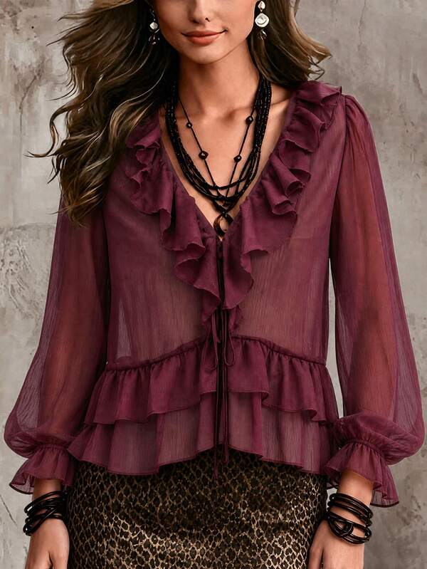 Breezaya Blusa de Senhora em Chiffon Leve e Confortável, Casual, de Manga Comprida, com Design de Folhos e Bainha Multicamadas, para Férias