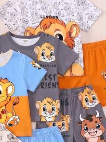 2 Set Acak untuk Bayi Laki-laki dari 4 Set Kaos & Celana Pendek. Motif Hewan Lucu, Motif Blok Warna, Motif Huruf. Kaos Leher Bulat Dipadukan dengan Celana Pendek Bermotif Serupa. - MultiWarna - View 5