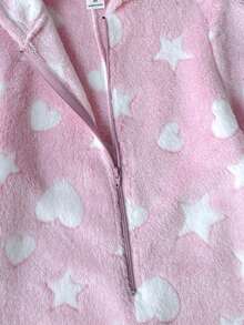 SHEIN 女童少女粉色卡通毛絨連帽冬季連身褲 寬鬆柔軟舒適 百搭休閒日常穿著 - 粉色 - 查看 4