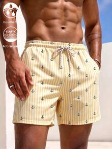 Manfinity KASUA American Navy Style Anchor Print Shorts For Men, Summer Light Yellow Striped Beach Surfing Shorts - Yellow - View 1