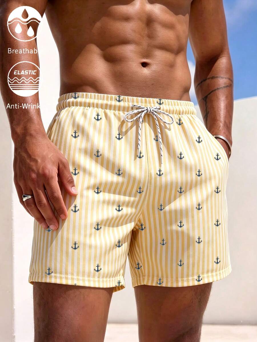 Manfinity KASUA American Navy Style Anchor Print Shorts For Men, Summer Light Yellow Striped Beach Surfing Shorts - Yellow - View 1