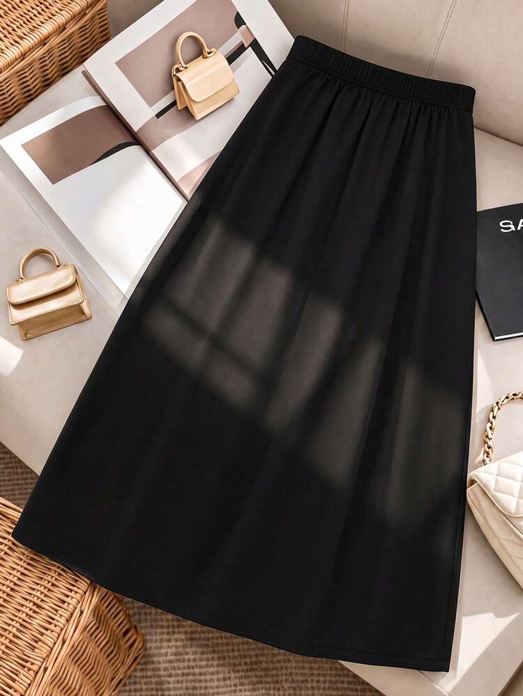 GlowEve CURVE Plus Size Women Solid Color Slit Design Casual Versatile Daily Wear Skirt Fall - Black - View 2