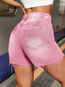 SHEIN PETITE 女款休閒水洗磨損牛仔短褲，夏季，小個子女性 - 粉色 - 查看 2