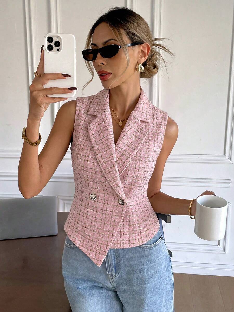 Serisse 女款優雅休閒通勤辦公商務格紋無袖西裝外套 灰粉色 夏季 - 粉色 - 查看 1