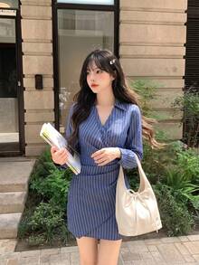 SHEIN MOD 海军白条纹印花交叉裹身荷叶边长袖女装、新年连衣裙、衬衫、商务女装、沙滩女装 - 藏蓝色 - 查看 4