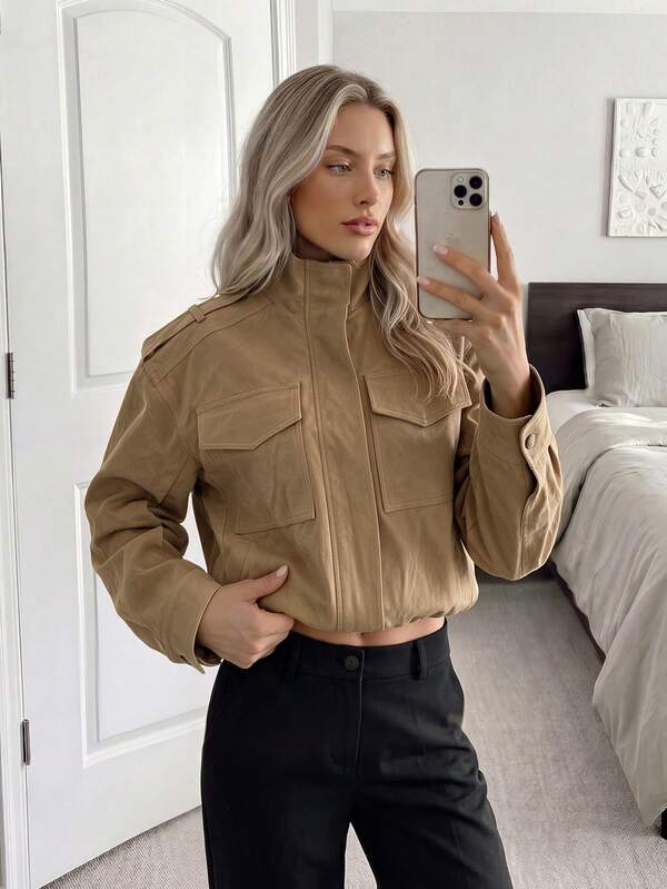 Easowa Women's Stand Collar Zip-Front Jacket, Casual Relaxed Elegant Commuter Old Money Style Vacation Spring Summer Jacket