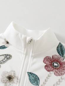 SHEIN Tween Girls 2pcs/Set Fall Set Floral Butterfly Zip Jacket Wide Leg Pants Outfit, Cute, Casual - White - View 7