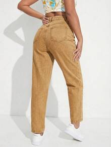 SHEIN ICON 女款休閒日常牛仔褲，附口袋與鈕扣設計 - 駝色 - 查看 3