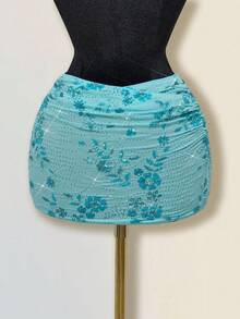 SHEIN ICON 女士亮片刺绣褶皱紧身迷你裙，夜店性感款 - 藍色 - 查看 4