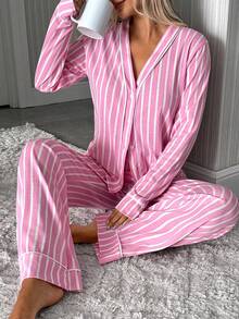 SHEIN Pink Striped Button Front Detailed Long Sleeve Casual Pajama Set - Pink - View 5
