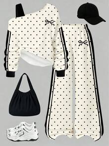 SHEIN 1 Set Bow Pattern Ruffle Asymmetric Shoulder Sweatshirt Outfit, Suitable For Little Girls To Wear In Autumn And Winter, Comfortable Simple Casual - Multicolor - View 3