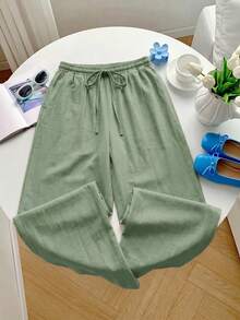 GalTyme Plus Size Women's Solid Color Drawstring Waist Casual Versatile Daily Wear Long Pants Fall - Green - View 6