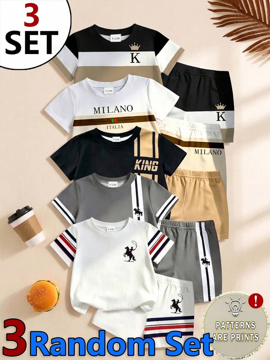 SHEIN 隨機 3 套 6 件組男嬰服裝套裝,時尚街頭經典商務帥氣條紋極簡字母 Logo 與馬 Logo 印花圓領 T 恤上衣,搭配純色馬 Logo 條紋字母 Logo 印花短褲,多件組合套裝 - 彩色 - 查看 1