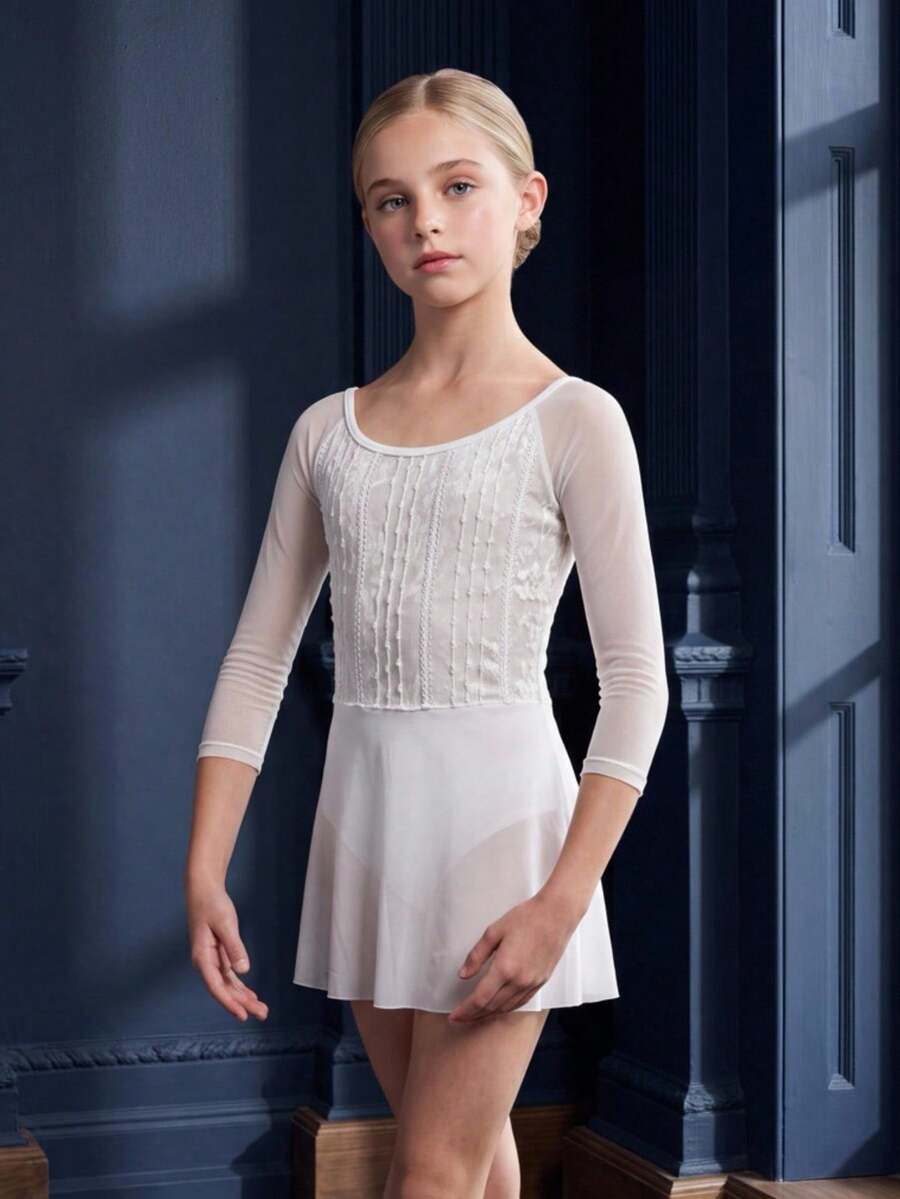 少女白色拼接連身運動裙,優雅白色芭蕾舞長袖體操連身衣,絲滑彈性紋理布料搭配光滑薄紗拼接,適合日常芭蕾訓練與芭蕾演出 - 白色 - 查看 1