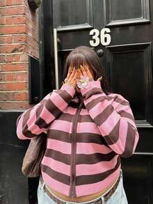 Solavibe Plus Size Light Pink Zip‑Up Hooded Knit Cardigan, Campus Daily Wear, Autumn, Back To School Formal Date Night Going Out Y2k 90s 1960s - Pink - View 8
