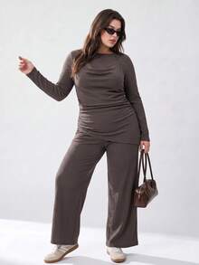 Solavibe Plus Size Women Ruched Asymmetric Hem Long Sleeve Halter Neck T-Shirt Pants Elegant 2 Pieces Set Fall Brunch Party Evening Office Dinner Brown - Brown - View 2
