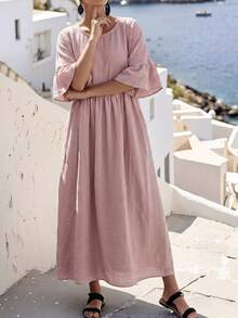Ceyna Vestido de manga corta con pliegues para vacaciones en talla grande - Rosa - Ver 6