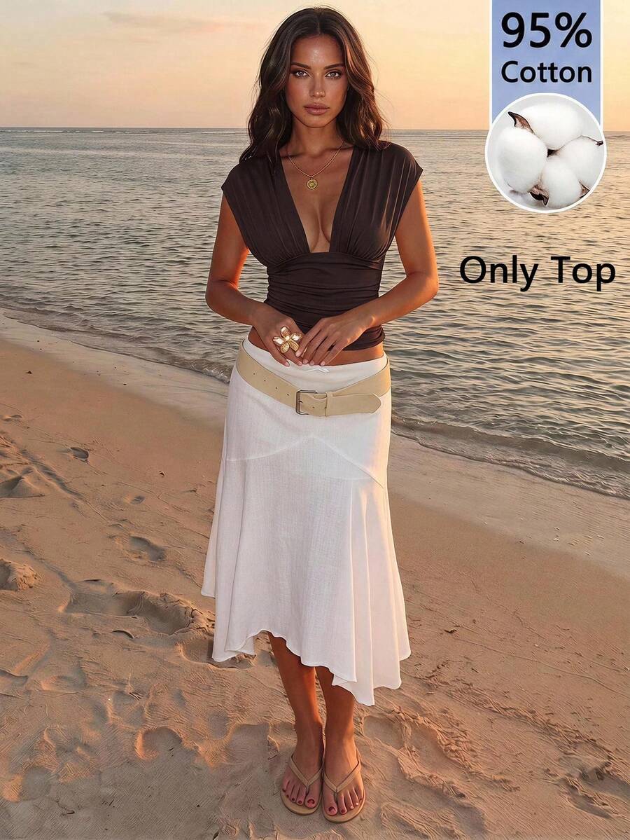 Aloruh Women's Elegant Sexy 95% Cotton Cute Pure Casual Romantic Vacation Mint Blue Deep V-Neck Backless Tie Waist Short Sleeve T-Shirt ,Summer Top - Brown - View 1