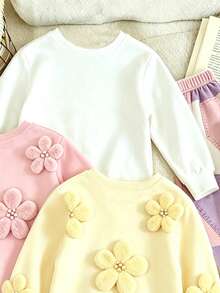 SHEIN 3件/1件隨機發送女童甜美3D毛絨花朵圓領衛衣套裝，溫柔馬卡龍色休閒套裝，長袖上衣搭配鬆緊腰長褲，寬鬆舒適，清新可愛，適合春秋季外出與日常穿著，韓系溫柔休閒童裝套裝 - 彩色 - 查看 3