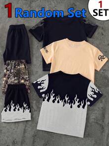 1 Random Set, Street Fashion Cool Character Graphic English Print T-Shirt With Matching Print Shorts Set - Multicolor - View 2