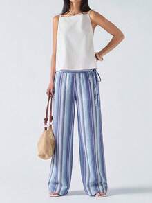 SHEIN Tall CURVE 大尺碼條紋休閒度假長褲 秋季 - 彩色 - 查看 3