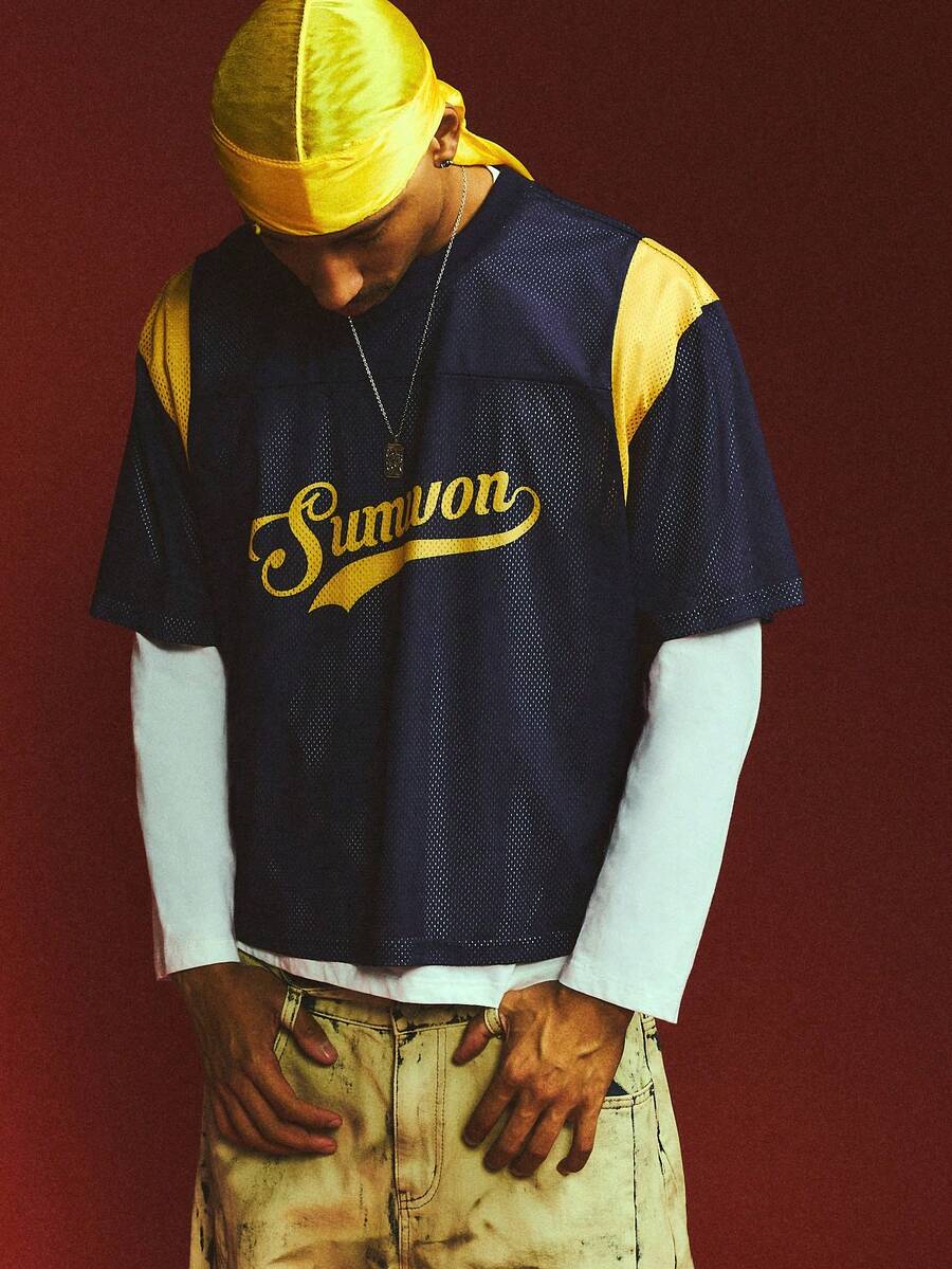 SUMWON Oversized Mesh Football Jersey With Gold Color Block Panels Script Logo Front Number 23 Back Crew Neck Short Sleeve Top,Oversized Jerseys For Men - Royal Blue - View 1