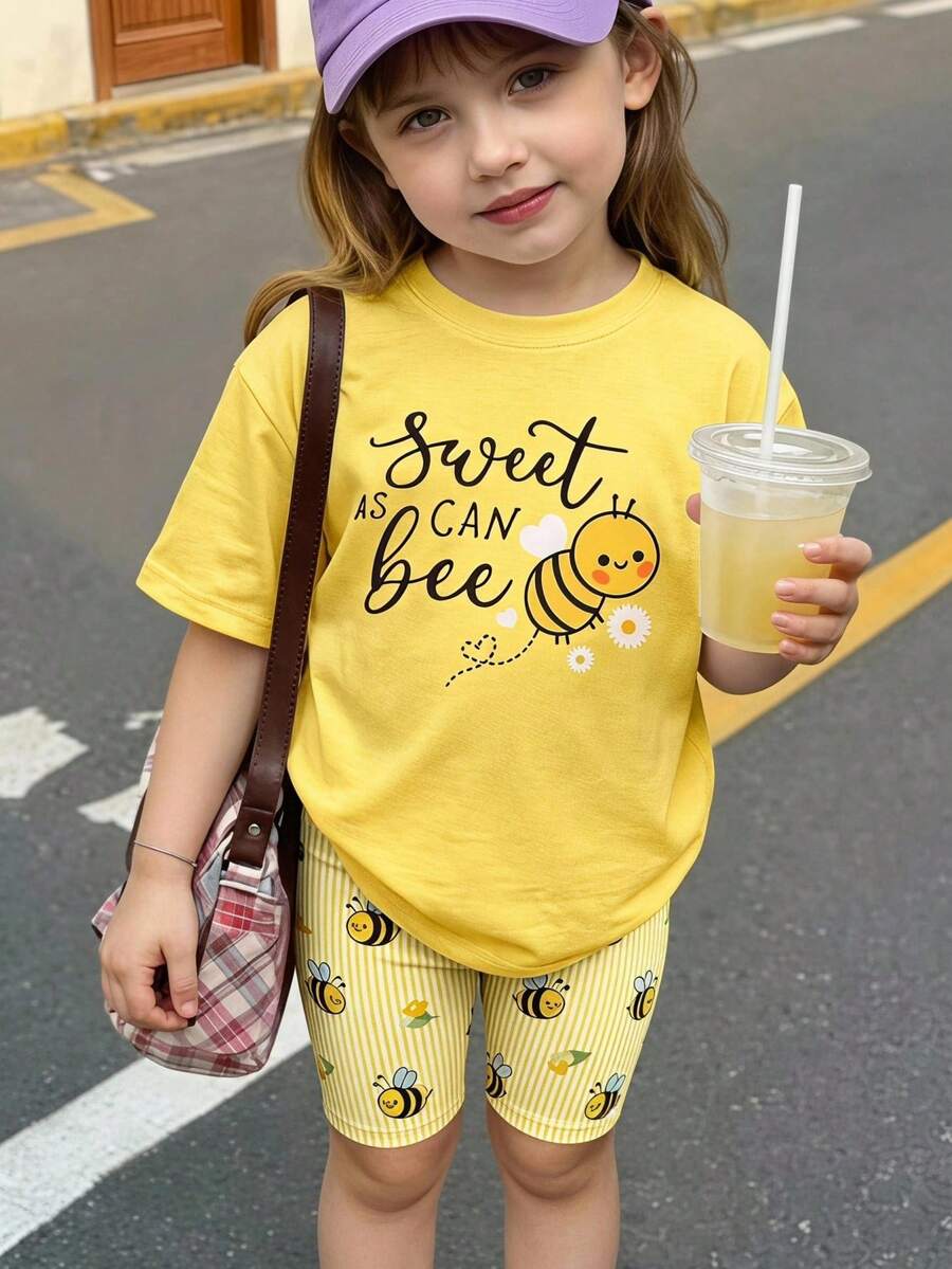 SummerOutfit 春夏秋季少女休閒時尚創意個性清新簡約可愛卡哇伊卡通蜜蜂花朵愛心字母標語印花短版T恤與單車褲套裝 - 彩色 - 查看 1