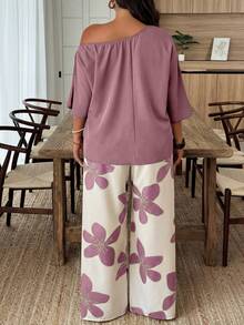 Weeklong Plus Size Summer Casual Solid Color Asymmetric Neck Top And Floral Print Pants 2-Piece Set Fall - Multicolor - View 2