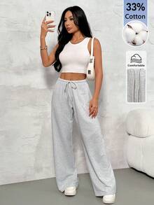 SHEIN PETITE 女款純色抽繩腰休閒百搭日常穿著寬腿運動長褲，適合嬌小女性 - 灰色 - 查看 9