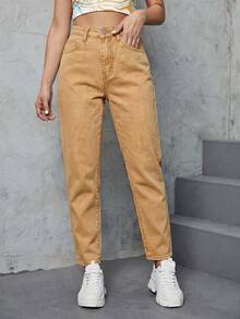 SHEIN ICON 女款休閒日常牛仔褲，附口袋與鈕扣設計 - 駝色 - 查看 4