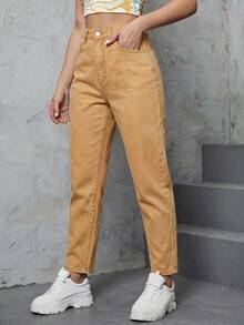 SHEIN ICON 女款休閒日常牛仔褲，附口袋與鈕扣設計 - 駝色 - 查看 5