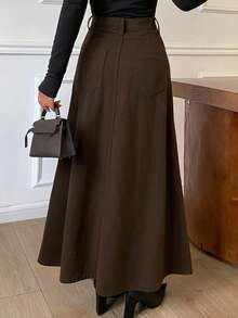 DAZY Women's Single-Breasted Decorative Long A-Line Denim Skirt, Casual Urban Style Fall - Brown - View 4