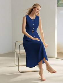 MOTF PREMIUM SOLID PEPLUM WAIST FLARE HEM BELTED DRESS WOMEN OUTFIT - Royal Blue - View 4