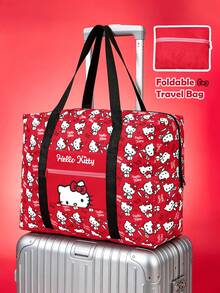HELLO KITTY AND FRIENDS | SHEIN 可愛貓咪印花可折疊旅行托特包，大容量，行李套筒，輕量化，適合旅行/上學，附前口袋 - 黑紅白 - 查看 2