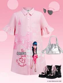 Miraculous Ladybug X SHEIN 女童荷叶边纽扣前开襟可爱印花夏季连衣裙 - 粉色 - 查看 3