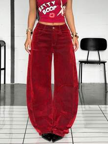 Jeanoix Women's Casual Streetwear Versatile Daily Wear  Flocked Denim Long Pants With Pockets Work Going Out Dark Red Summer - Red - View 3