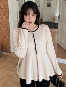 Dazy Plus Contrast Color Ribbed Long Sleeve Cinched Waist Loose Casual Slimming Versatile Spring Summer Autumn T-Shirt - Apricot - View 6